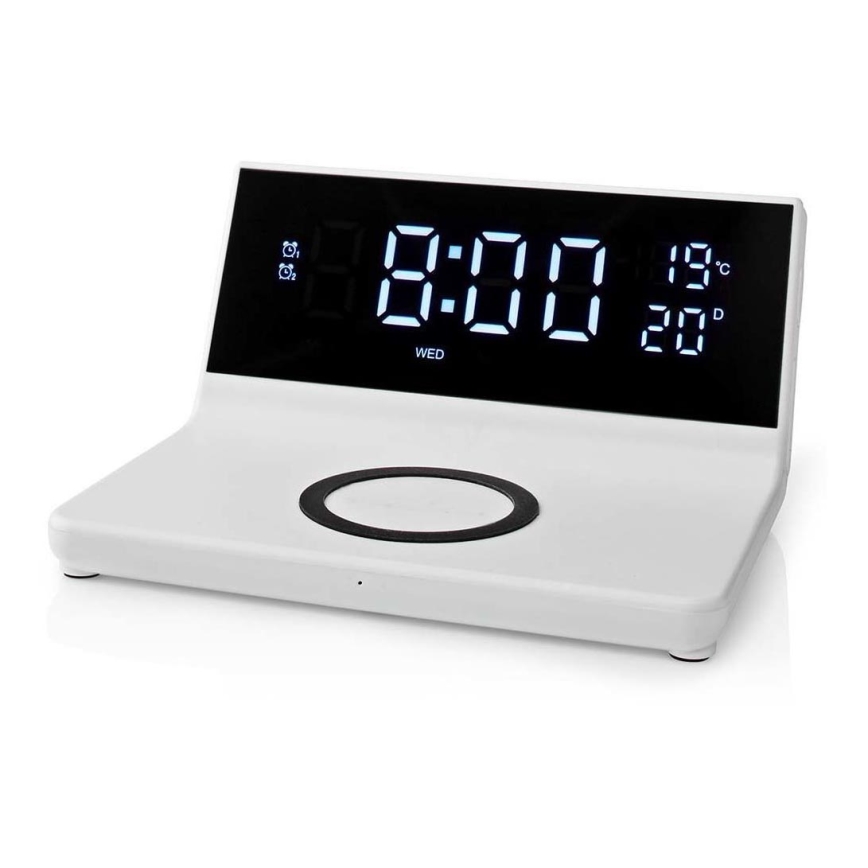 Budzik z wyświetlaczem LCD i bezprzewodową ładowarką 15W/230V + 1xCR2032 biały