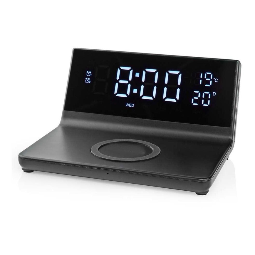 Budzik z wyświetlaczem LCD i bezprzewodową ładowarką 15W/5V + 1xCR2032 czarny