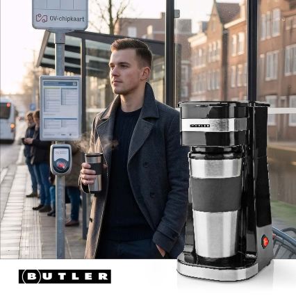 Butler - Ekspres do jednego kubka 0,4 l z kubkiem podróżnym, 750 W/230 V, stal nierdzewna/czarny