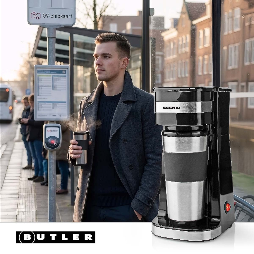 Butler - Ekspres do jednego kubka 0,4 l z kubkiem podróżnym, 750 W/230 V, stal nierdzewna/czarny