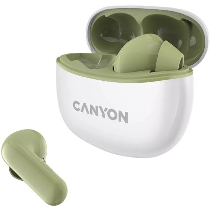 Canyon - Bezprzewodowe słuchawki stereo True Wireless 500 mAh + 2x 40 mAh biały/zielony