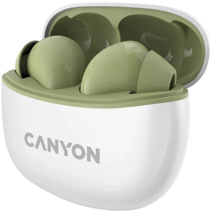 Canyon - Bezprzewodowe słuchawki stereo True Wireless 500 mAh + 2x 40 mAh biały/zielony