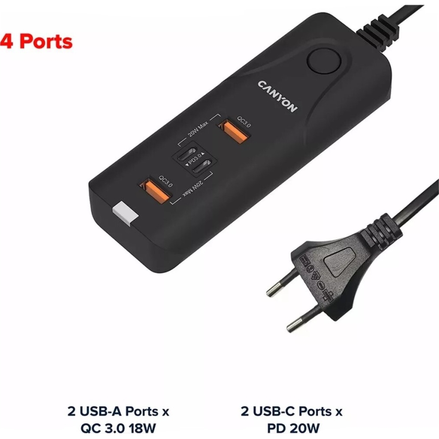 Canyon - Ładowarka 2xUSB A + 2xUSB C Power Delivery 20W