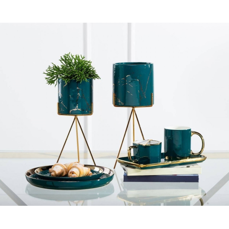 Ceramiczna doniczka EMMA 28,3x11 cm zielona/złota