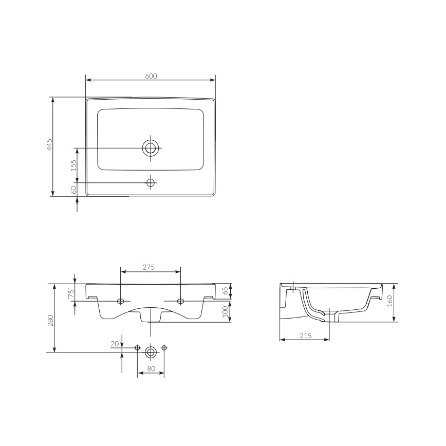 Cersanit K114-006 - Umywalka wpuszczana CREA 44,5x60 cm ceramika/biały połysk
