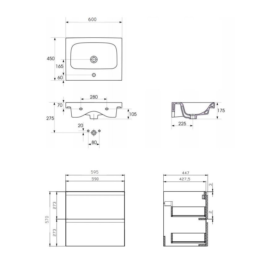 Cersanit S801-223-DSM - Wisząca szafka łazienkowa z umywalką MODUO 60x45 cm, biały połysk