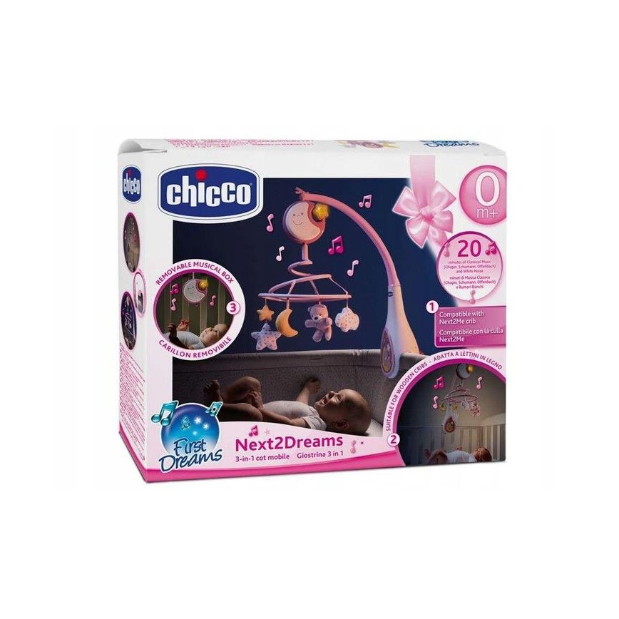 Chicco - Karuzela nad łóżeczko z muzyką 3w1 NEXT2DREAMS 3xAA różowa