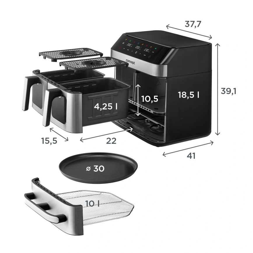 Concept FR9000 - Frytkownica beztłuszczowa PIZZA TRIO 18,5 l 2700W/230V stal nierdzewna/czarny