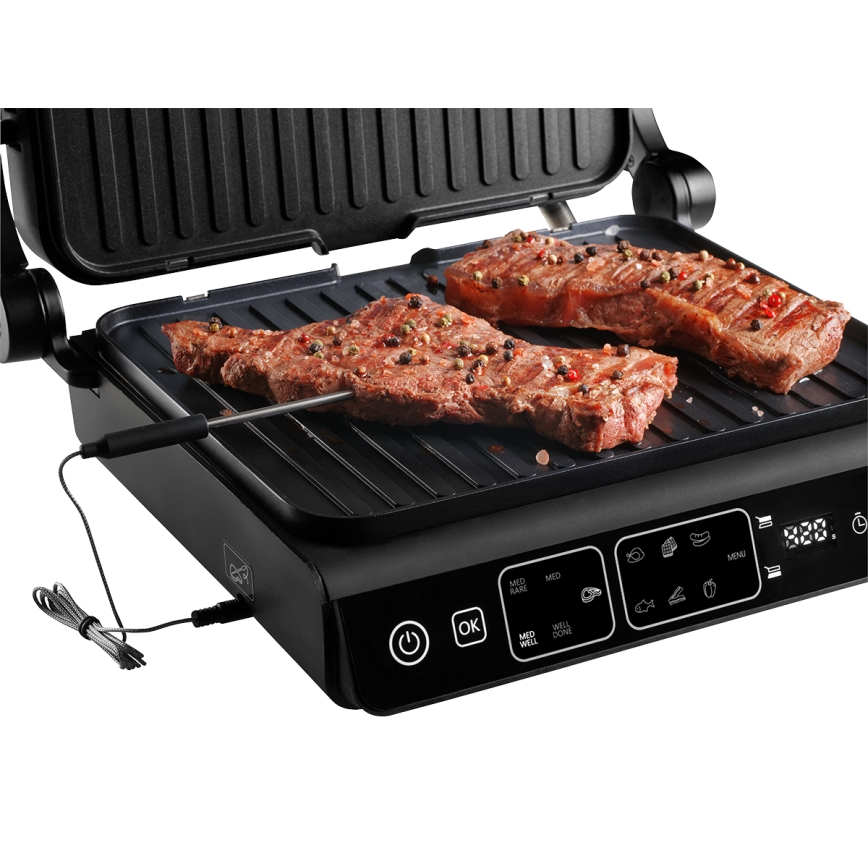 Concept ge3600 - Grill kontaktowy z sondą temperatury GLASS 2000W/230V czarny
