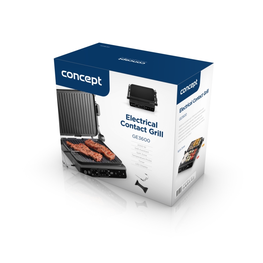 Concept ge3600 - Grill kontaktowy z sondą temperatury GLASS 2000W/230V czarny