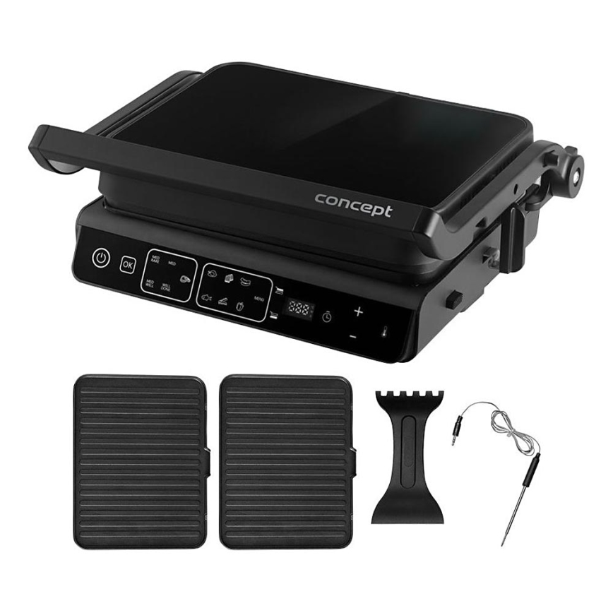 Concept ge3600 - Grill kontaktowy z sondą temperatury GLASS 2000W/230V czarny