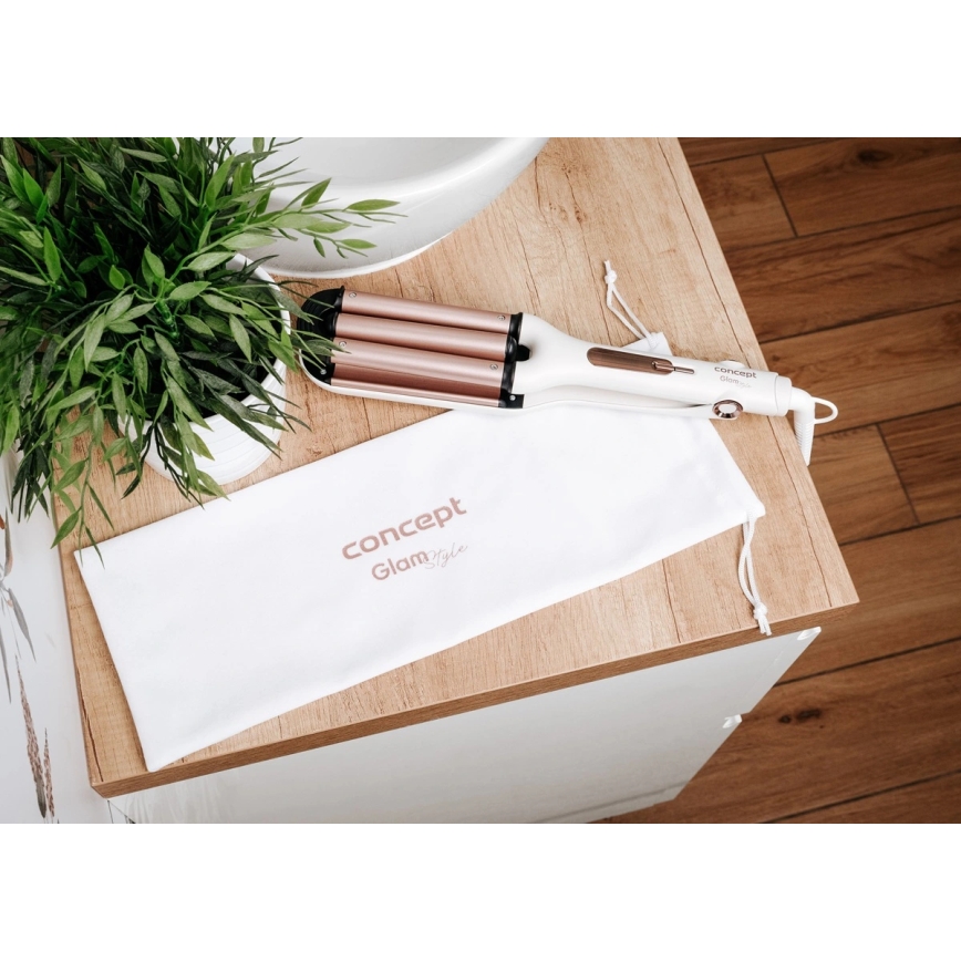 Concept KT2140 - Trójwałkowa lokówka do włosów GLAM STYLE 100W/230V, biały / różowe złoto