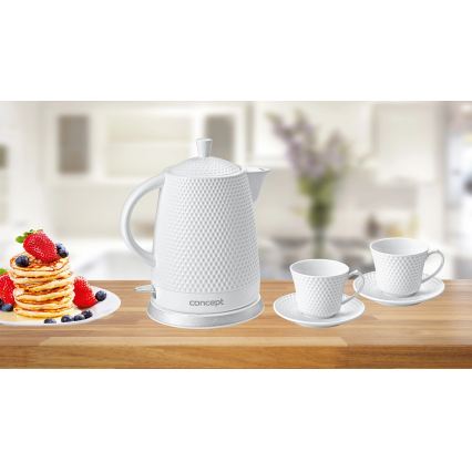 Concept RK0040 - Czajnik elektryczny 1,5 l, 1500 W / 230 V, biały, ceramiczny + 2 filiżanki ze spodkami
