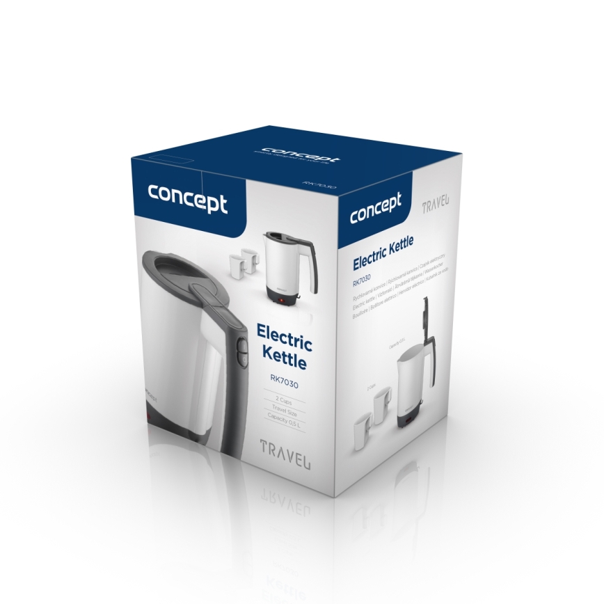 Concept RK7030 - Podróżny czajnik elektryczny 0,5 l 1080W/230V szary/biały + 2 filiżanki