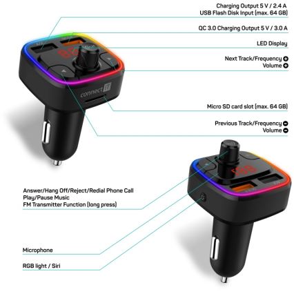 CONNECT IT CCC-9090-BK - LED RGB Nadajnik samochodowy FM z funkcją bezdotykową czarny