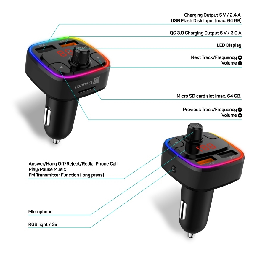 CONNECT IT CCC-9090-BK - LED RGB Nadajnik samochodowy FM z funkcją bezdotykową czarny
