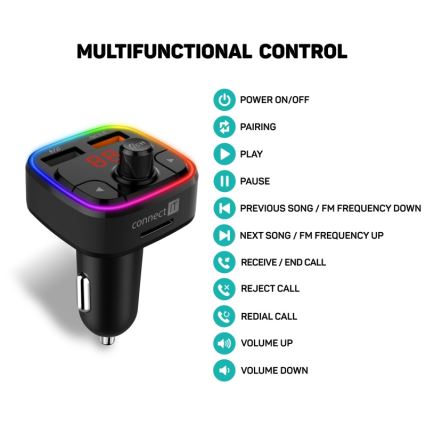 CONNECT IT CCC-9090-BK - LED RGB Nadajnik samochodowy FM z funkcją bezdotykową czarny