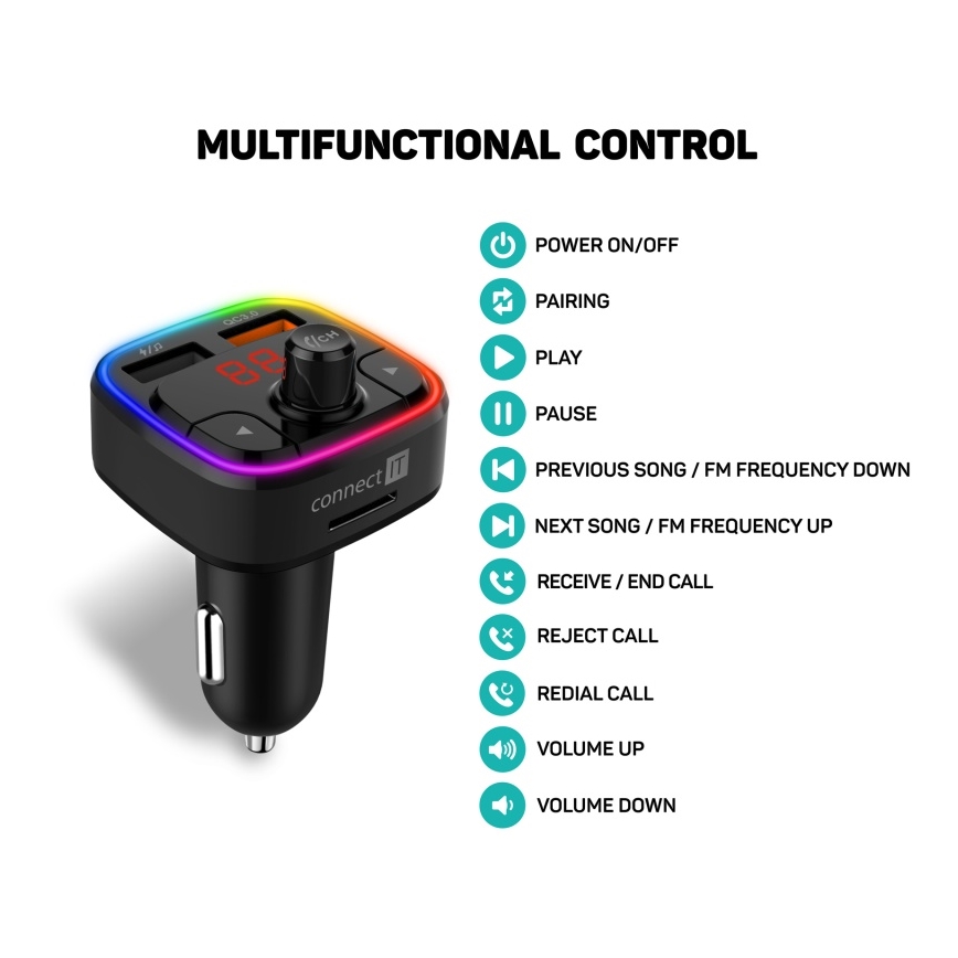 CONNECT IT CCC-9090-BK - LED RGB Nadajnik samochodowy FM z funkcją bezdotykową czarny