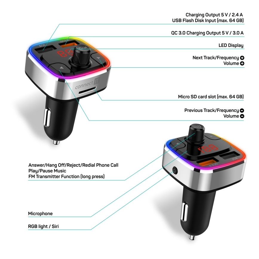 CONNECT IT CCC-9090-SL - LED RGB Nadajnik samochodowy FM z funkcją bezdotykową czarny/srebrny