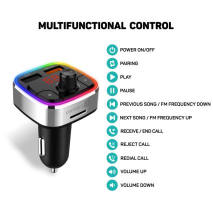 CONNECT IT CCC-9090-SL - LED RGB Nadajnik samochodowy FM z funkcją bezdotykową czarny/srebrny