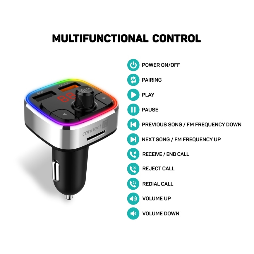 CONNECT IT CCC-9090-SL - LED RGB Nadajnik samochodowy FM z funkcją bezdotykową czarny/srebrny
