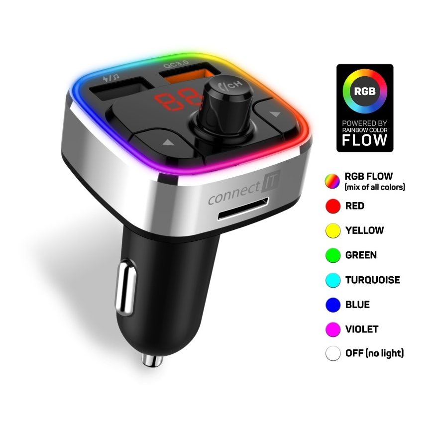 CONNECT IT CCC-9090-SL - LED RGB Nadajnik samochodowy FM z funkcją bezdotykową czarny/srebrny