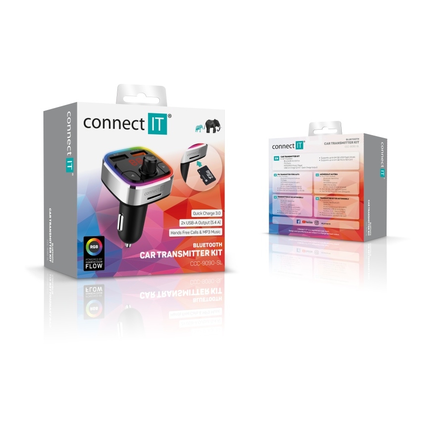 CONNECT IT CCC-9090-SL - LED RGB Nadajnik samochodowy FM z funkcją bezdotykową czarny/srebrny