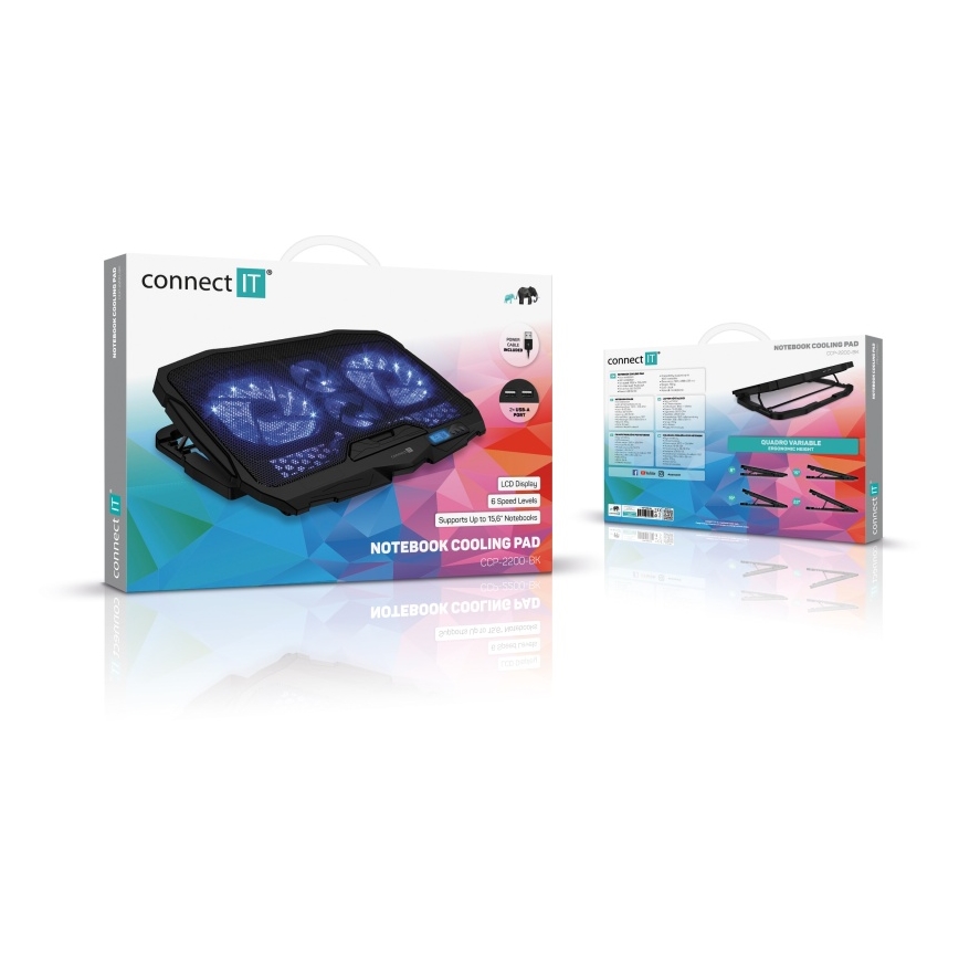 CONNECT IT CCP-2200-BK - Podkładka chłodząca do laptopa 4x wentylator 2xUSB czarny//niebieski