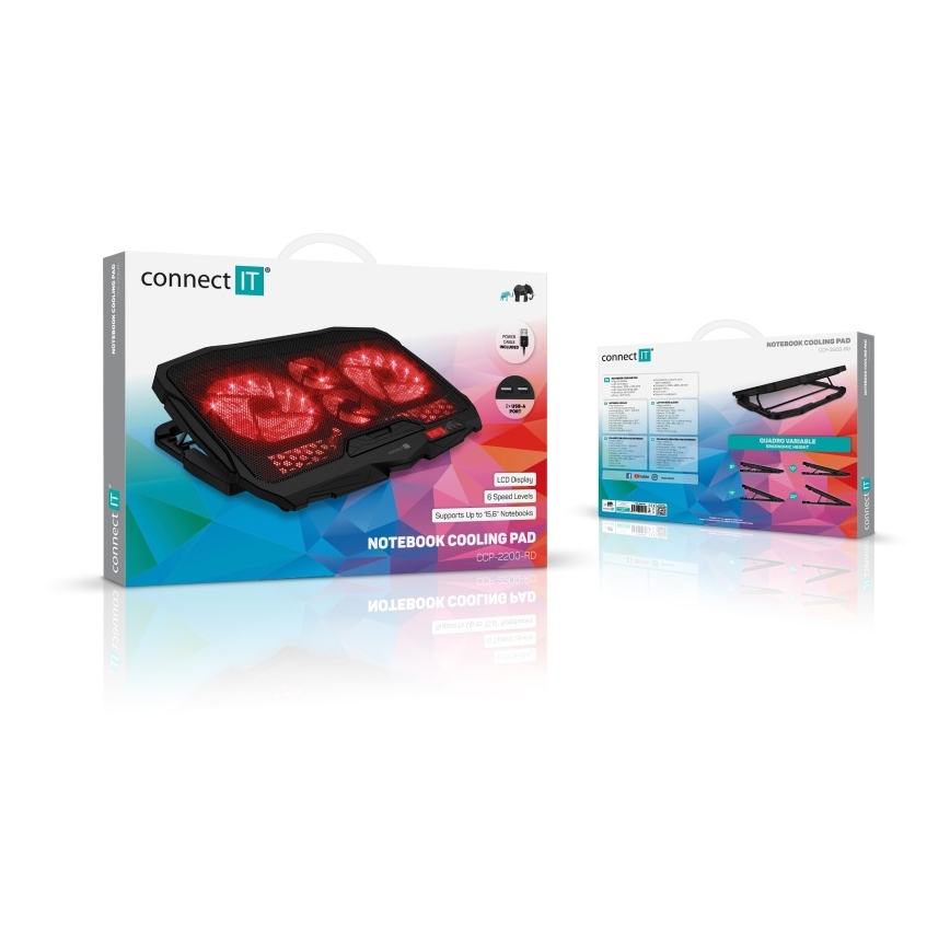 CONNECT IT CCP-2200-RD - Podkładka chłodząca do laptopa 4x went. 2xUSB czarna/czerwona