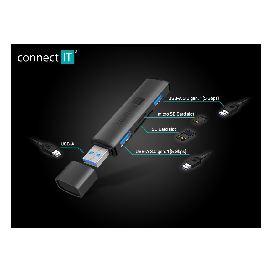 CONNECT IT CHU-4060-AN - USB-A hub z czytnikiem kart pamięci 4w1