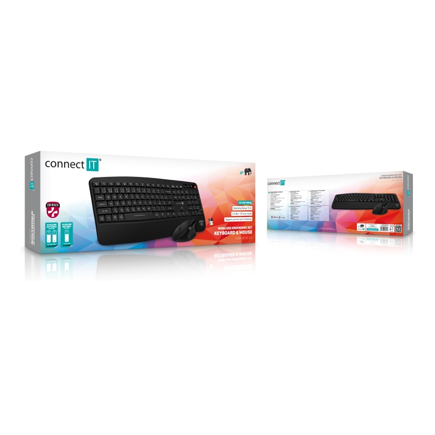 CONNECT IT CKM-6010-CS - Ergonomiczna klawiatura bezprzewodowa i mysz 800/1200/1600/2400 DPI z lokalizacją CZ/SK 1xAA + 2xAAA czarny