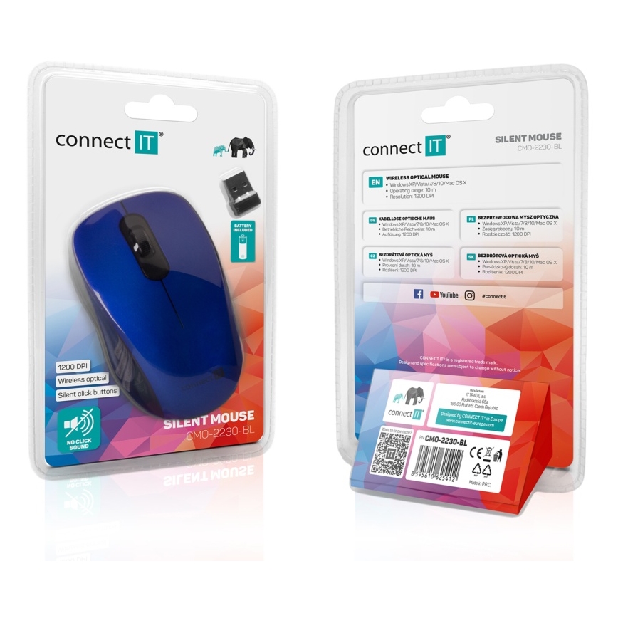 CONNECT IT CMO-2230-BL - Bezprzewodowa, cicha mysz MUTE 1200 DPI 1xAA czarna/niebieska