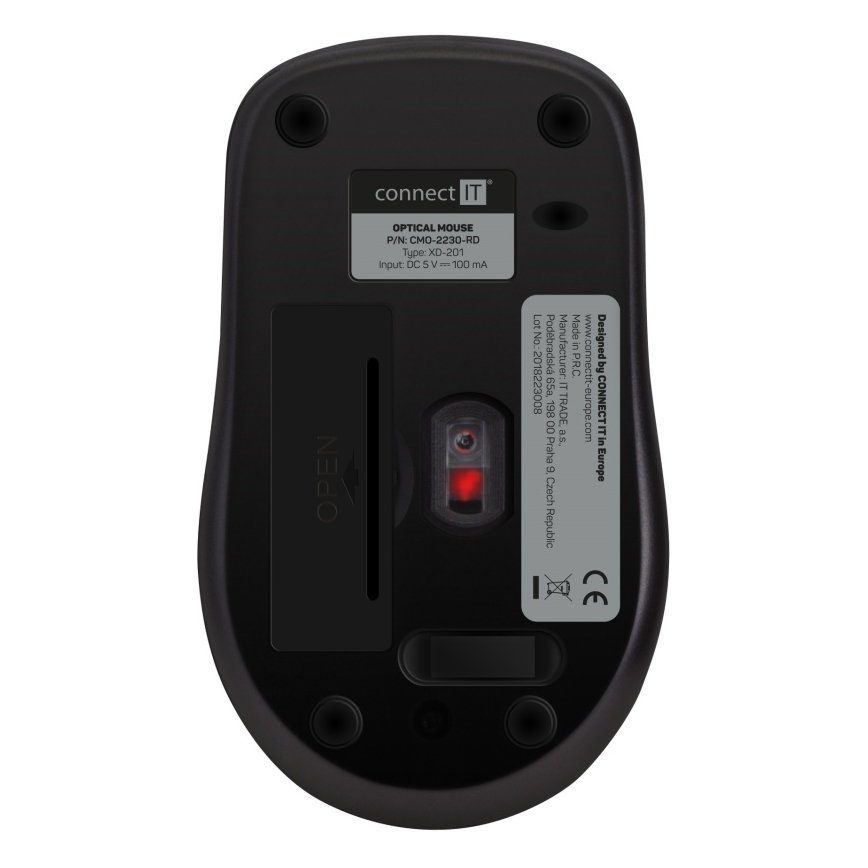 CONNECT IT CMO-2230-RD - Bezprzewodowa, cicha mysz MUTE 1200 DPI 1xAA czarna/czerwona
