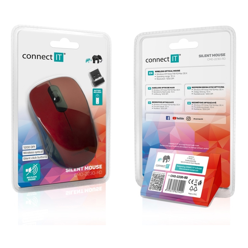 CONNECT IT CMO-2230-RD - Bezprzewodowa, cicha mysz MUTE 1200 DPI 1xAA czarna/czerwona