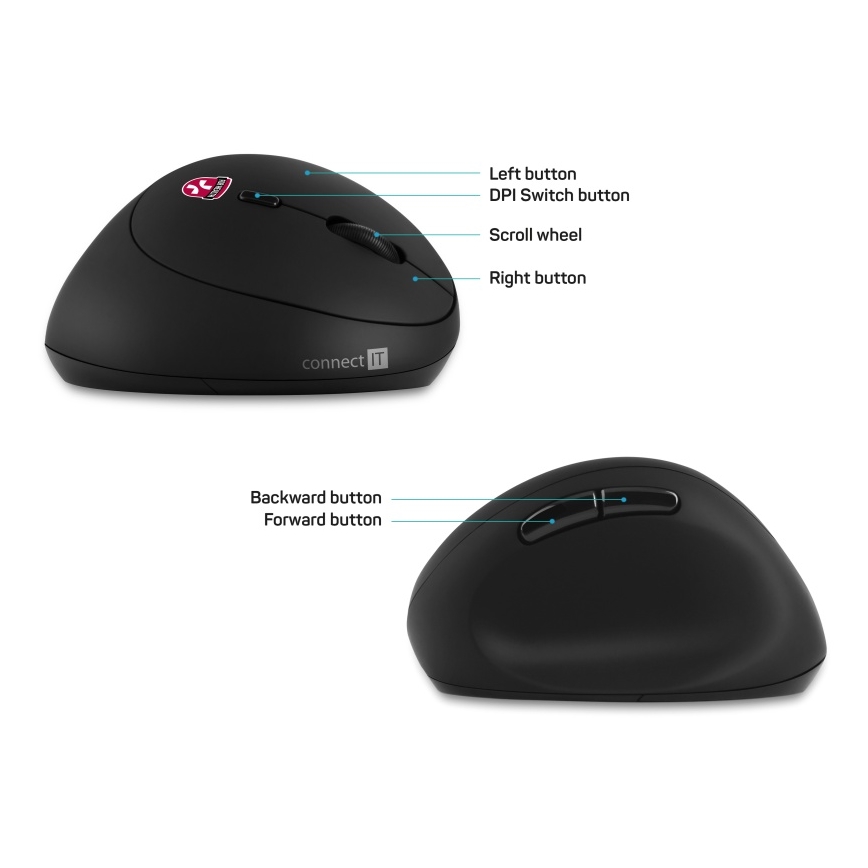 CONNECT IT CMO-2600-BK - Ergonomiczna bezprzewodowa mysz 800/1200/1600 DPI 1xAA czarna