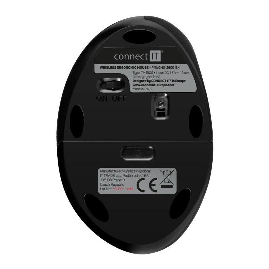 CONNECT IT CMO-2600-BK - Ergonomiczna bezprzewodowa mysz 800/1200/1600 DPI 1xAA czarna