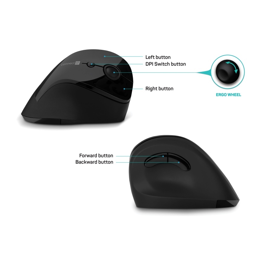 CONNECT IT CMO-2700-BK - Ergonomiczna mysz bezprzewodowa 800/1200/1600 DPI 1xAA czarna