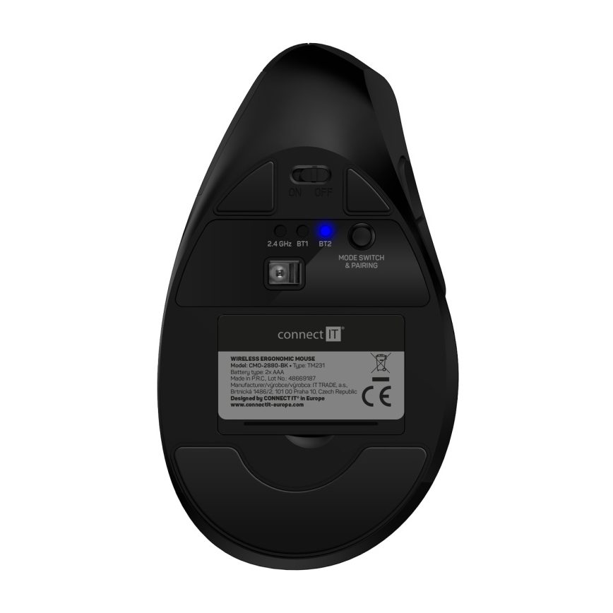 CONNECT IT CMO-2880-BK - Ergonomiczna bezprzewodowa mysz Verti TriMode 1000/1600/2400 DPI 2xAAA czarna