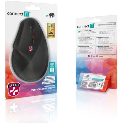 CONNECT IT CMO-2880-BK - Ergonomiczna bezprzewodowa mysz Verti TriMode 1000/1600/2400 DPI 2xAAA czarna