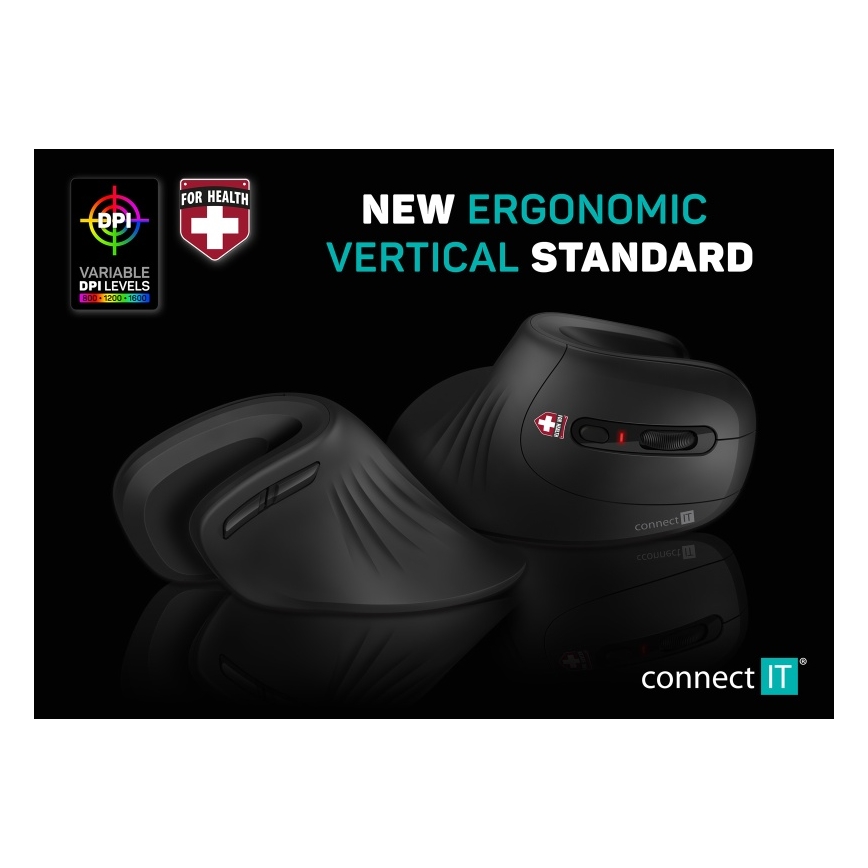 CONNECT IT CMO-2900-BK - Ergonomiczna mysz bezprzewodowa 800/1200/1600 DPI 1xAA czarna