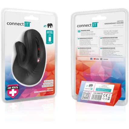 CONNECT IT CMO-2900-BK - Ergonomiczna mysz bezprzewodowa 800/1200/1600 DPI 1xAA czarna