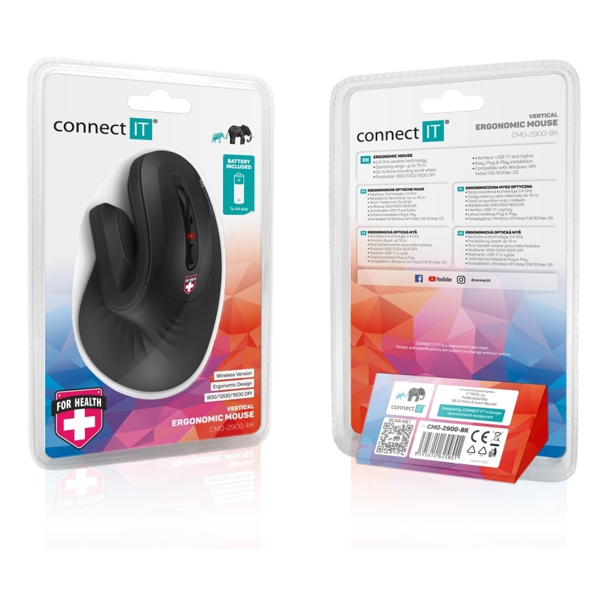 CONNECT IT CMO-2900-BK - Ergonomiczna mysz bezprzewodowa 800/1200/1600 DPI 1xAA czarna