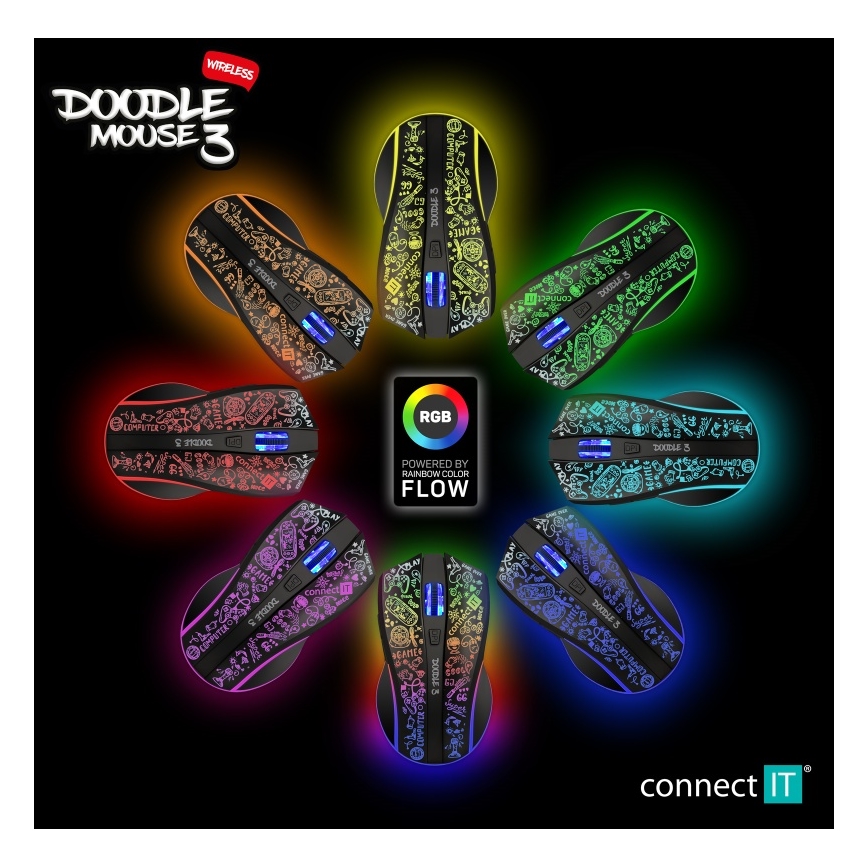 CONNECT IT CMO-3530-DD - LED RGB Bezprzewodowa akumulatorowa mysz gamingowa 800/1200/1600/2400/4800 DPI 600 mAh czarny