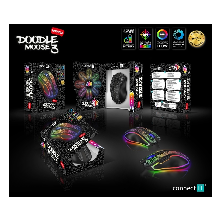 CONNECT IT CMO-3530-DD - LED RGB Bezprzewodowa akumulatorowa mysz gamingowa 800/1200/1600/2400/4800 DPI 600 mAh czarny