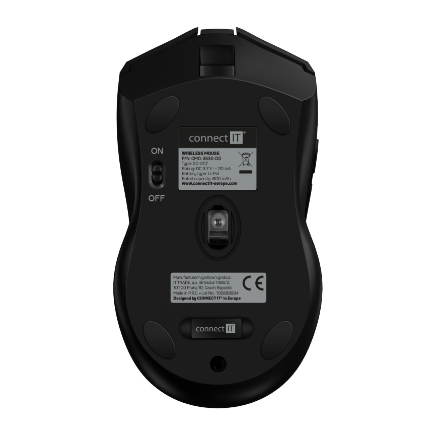 CONNECT IT CMO-3530-DD - LED RGB Bezprzewodowa akumulatorowa mysz gamingowa 800/1200/1600/2400/4800 DPI 600 mAh czarny