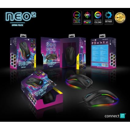 CONNECT IT CMO-3589-BK - LED RGB Przewodowa mysz gamingowa 200-7200 DPI czarna