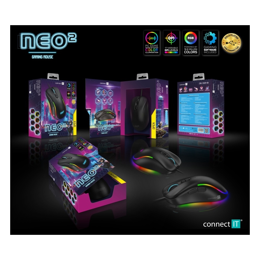 CONNECT IT CMO-3589-BK - LED RGB Przewodowa mysz gamingowa 200-7200 DPI czarna