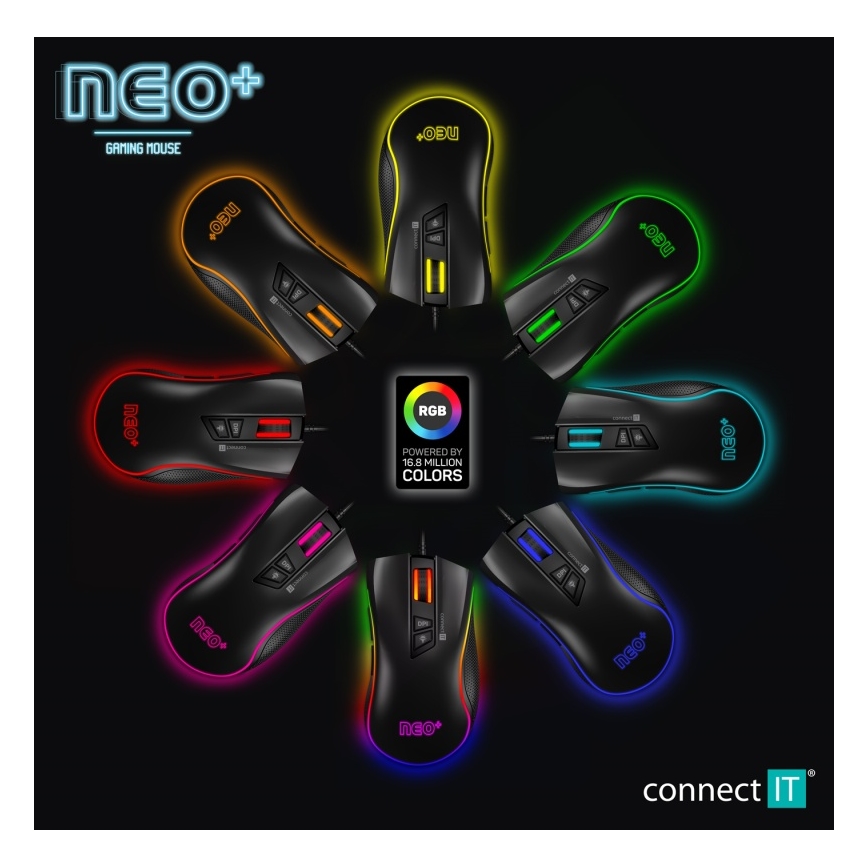CONNECT IT CMO-3591-BK - LED RGB Przewodowa mysz gamingowa 500-7200 DPI czarny
