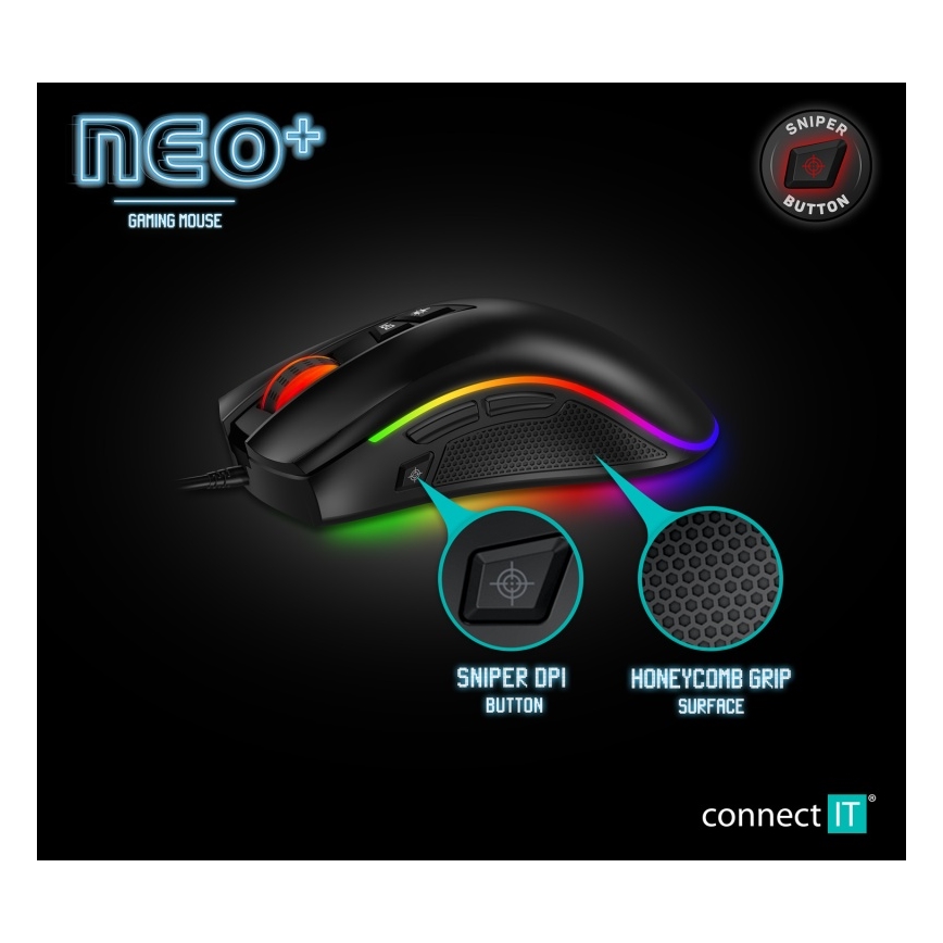 CONNECT IT CMO-3591-BK - LED RGB Przewodowa mysz gamingowa 500-7200 DPI czarny