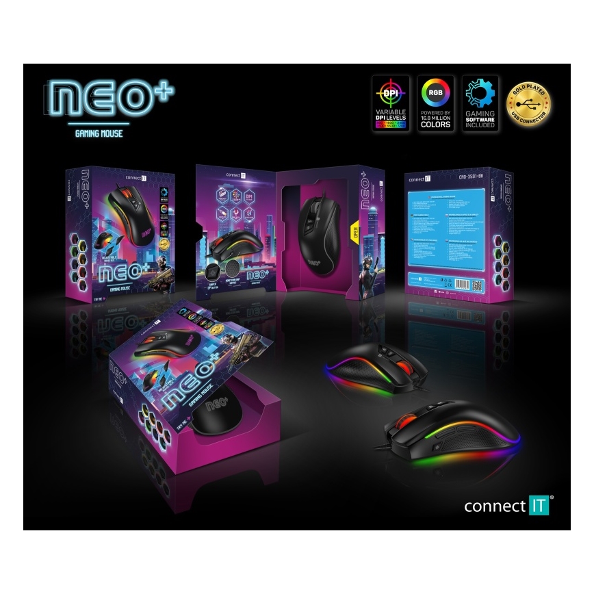 CONNECT IT CMO-3591-BK - Przewodowa mysz gamingowa LED RGB 500-7200 DPI czarna